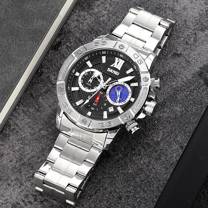 Stainless Steel Men Moonphase Quartz Watch with Strap