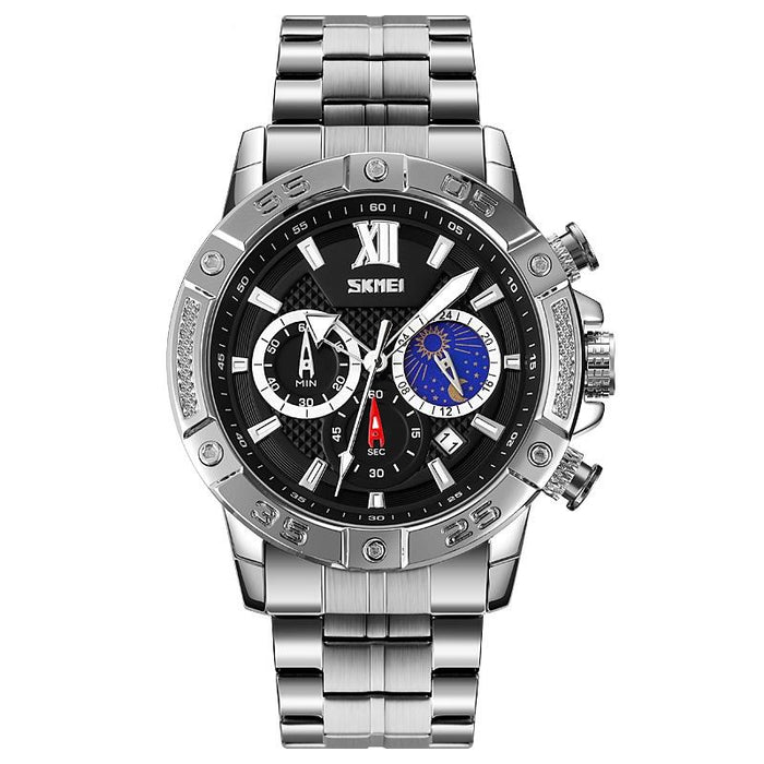 Stainless Steel Men Moonphase Quartz Watch with Strap