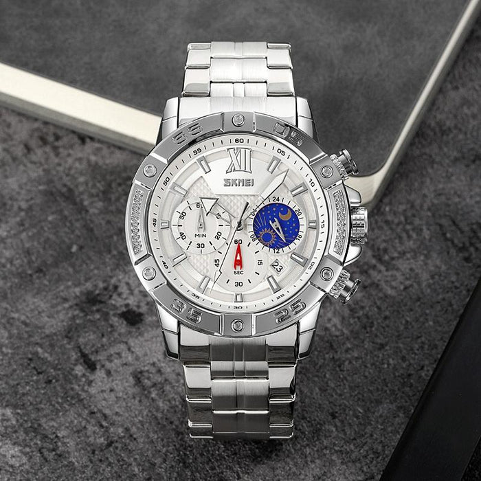 Stainless Steel Men Moonphase Quartz Watch with Strap