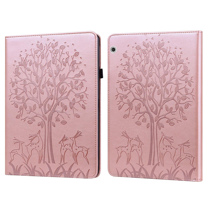 Tree & Deer Pattern Pressed Printing Horizontal Flip Pu Leather Case With Holder & Card Slots