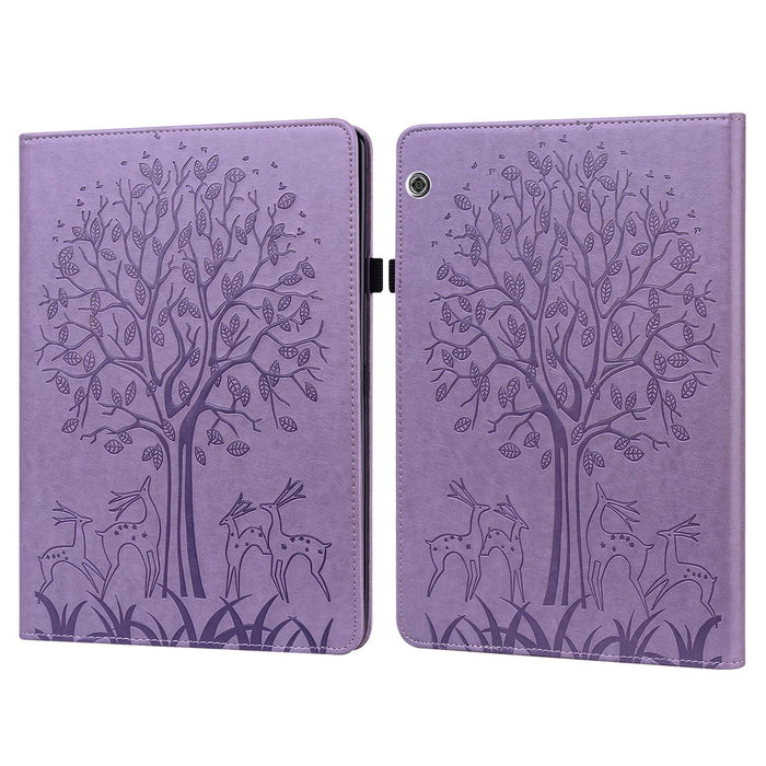 Tree & Deer Pattern Pressed Printing Horizontal Flip Pu Leather Case With Holder & Card Slots