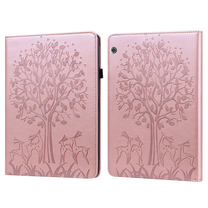 Tree & Deer Pattern Pressed Printing Horizontal Flip Pu Leather Case With Holder & Card Slots