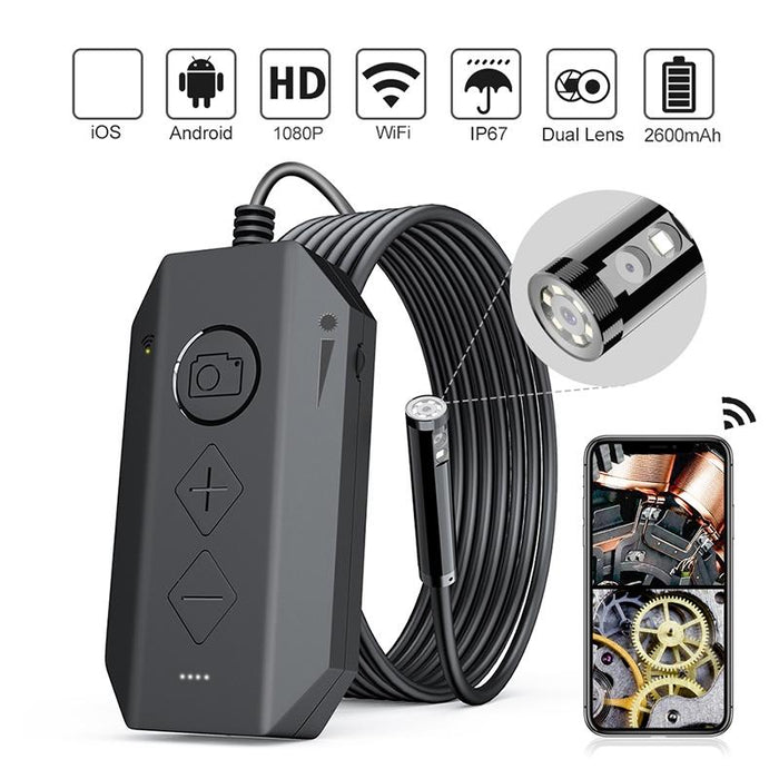 5Mp 7.9Mm Dual-Lens Hd Autofocus Wifi Industrial Digital Endoscope Zoomable Snake Camera Cable Length 5M Hard Cable Black