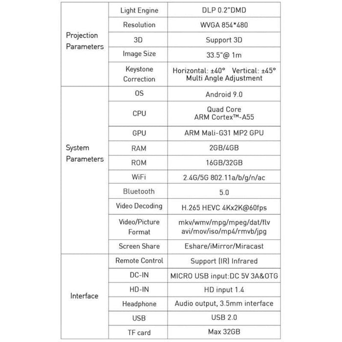 P11 854X480 Dlp Smart Projector With Infrared Remote Control Android 9.0 4Gb + 32Gb