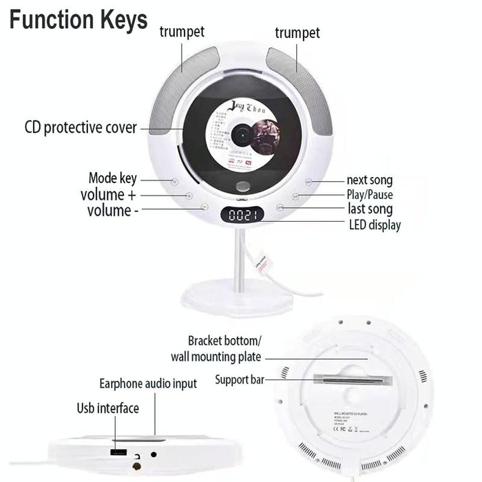 Wall Mounted Bluetooth Compact Disc Album Cd Player White