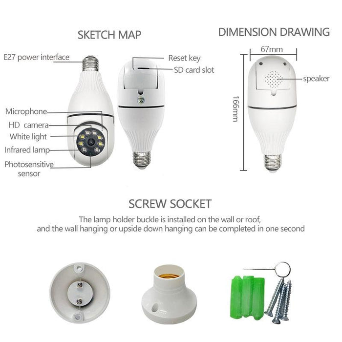 R2-30G 3Mp Hd Smart Wifi Bulb Camera Support Night Vision & Motion Detection