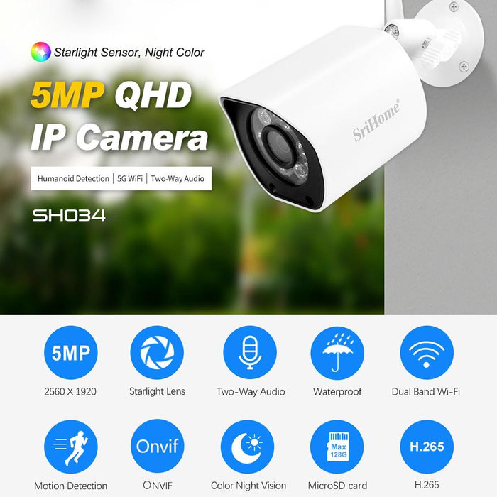 5.0Mp Mini Dual 2.4 / 5G Wifi Outdoor Ip66Waterproof Video Surveillance Colour Night Vision Security Cctv Cam White