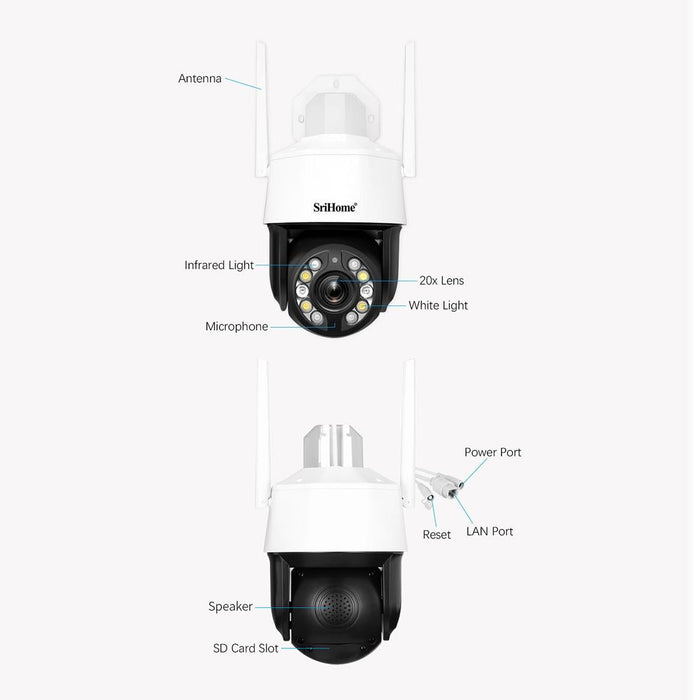 5.0Mp 20X Optical Zoom 2.4G / 5G Wifi Ip66 Waterproof Ai Auto Tracking H.265 Video Surveillance White