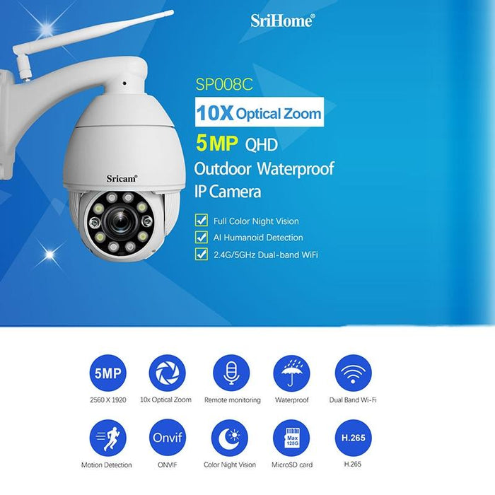 Sp008C 5Mp 10X Zoom Ip66 Waterproof Cctv Wifi Ip Camera Monitor White