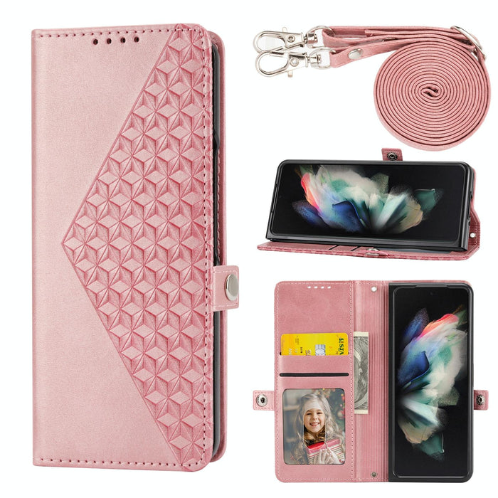 Grid Texture Leather Phone Case With Lanyard For Samsung