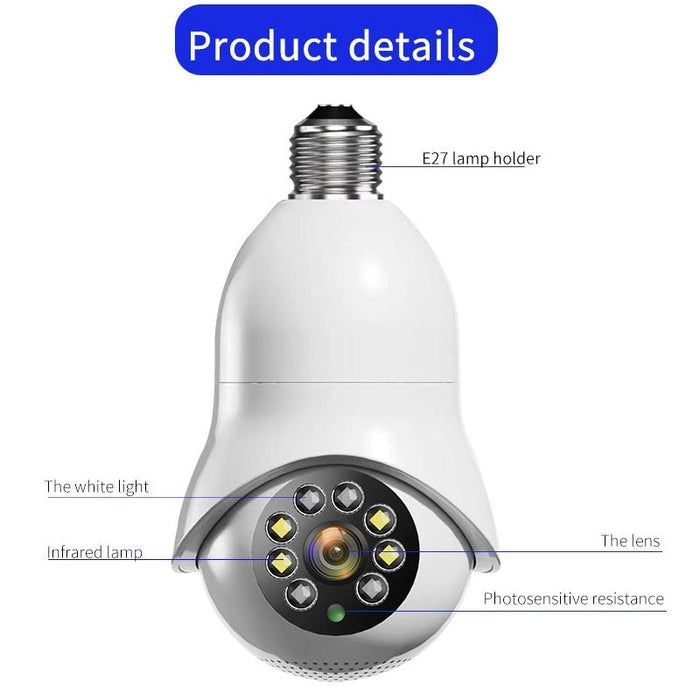 2.0Mp Hd Light Bulb Wifi Surveillance Camera Support Motion Detection Night Vision Dual Light Source White