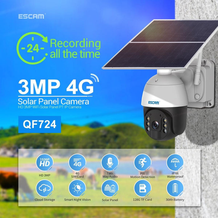 3Mp 24H Recording Cloud Storage Pt 4G Pir Alarm Ip Camera With Solar Panel Au Signal Bands