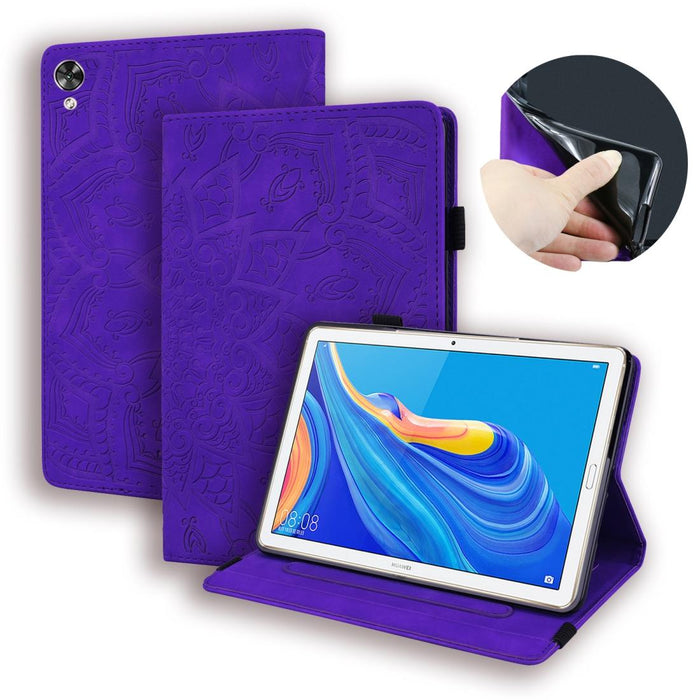 For Huawei Mediapad M6 10.8 Calf Pattern Double Folding Design Embossed Leather Case With Holder & Card Slots & Pen Slot & Elastic Band Purple