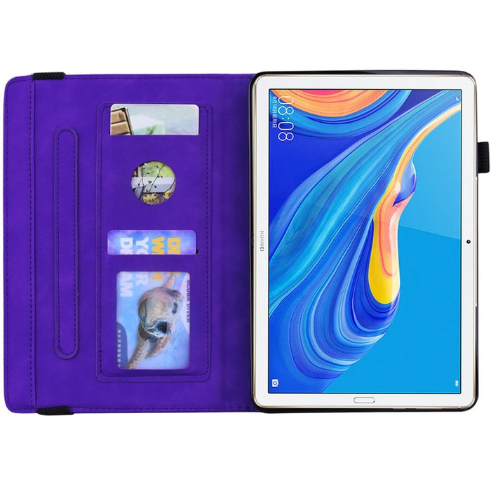 For Huawei Mediapad M6 10.8 Calf Pattern Double Folding Design Embossed Leather Case With Holder & Card Slots & Pen Slot & Elastic Band Purple