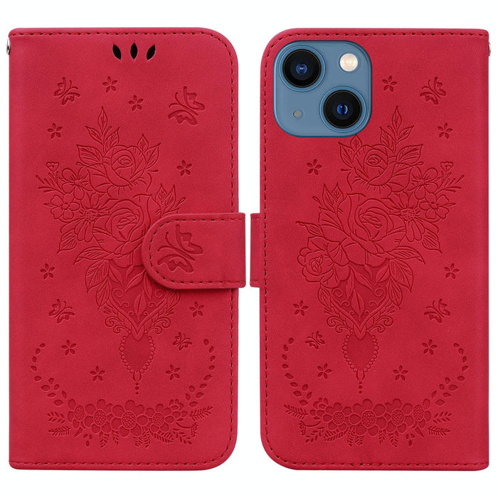 Butterfly Rose Embossed Leather Phone Case For Iphone 15