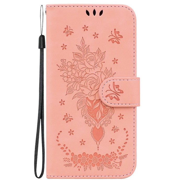 Butterfly Rose Embossed Leather Phone Case For Iphone 15