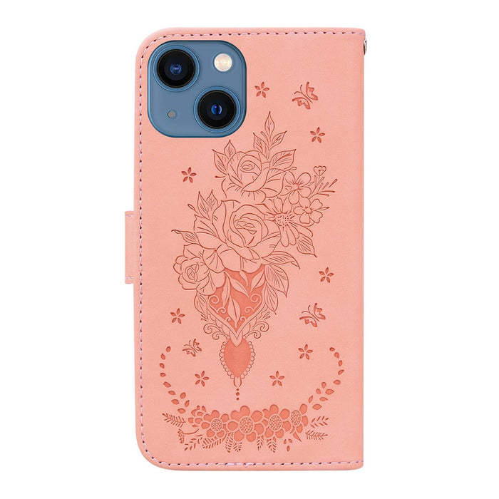 Butterfly Rose Embossed Leather Phone Case For Iphone 15