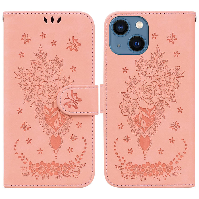 Butterfly Rose Embossed Leather Phone Case For Iphone 15