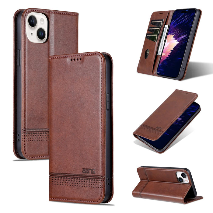 Azns Magnetic Calf Texture Leather Phone Case For Iphone 15