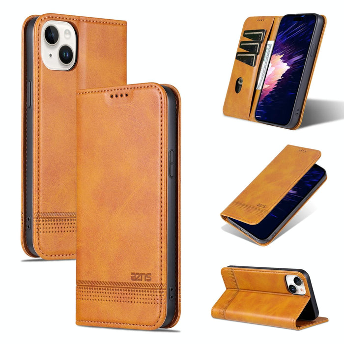 Azns Magnetic Calf Texture Leather Phone Case For Iphone 15