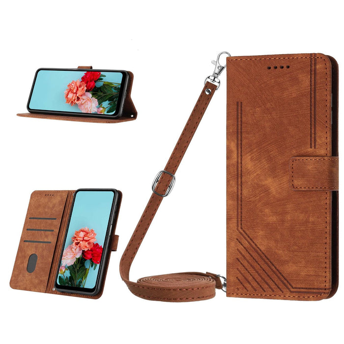 Skin Feel Stripe Pattern Leather Phone Case With Lanyard