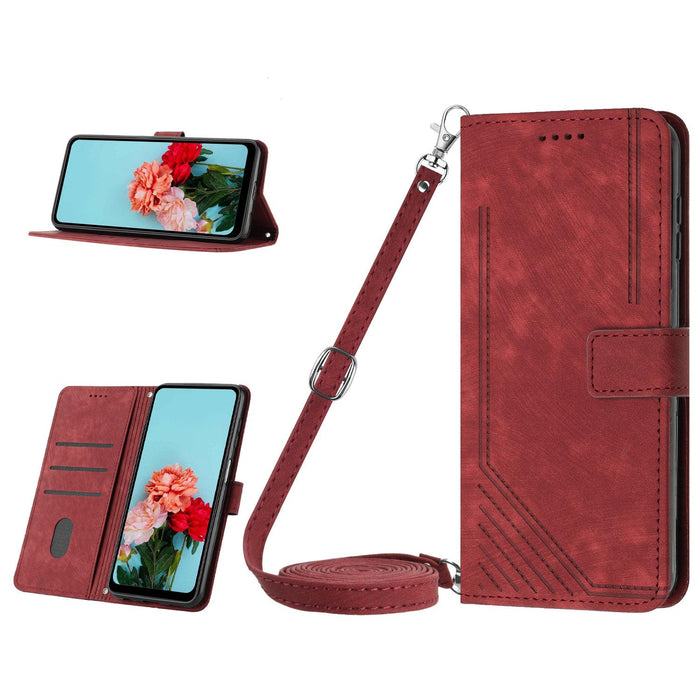 Skin Feel Stripe Pattern Leather Phone Case With Lanyard