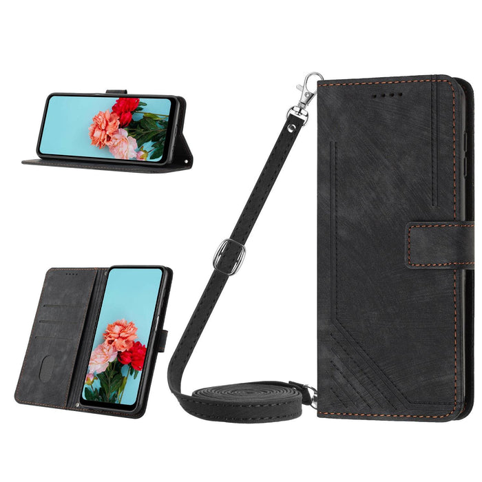 Skin Feel Stripe Pattern Leather Phone Case With Lanyard