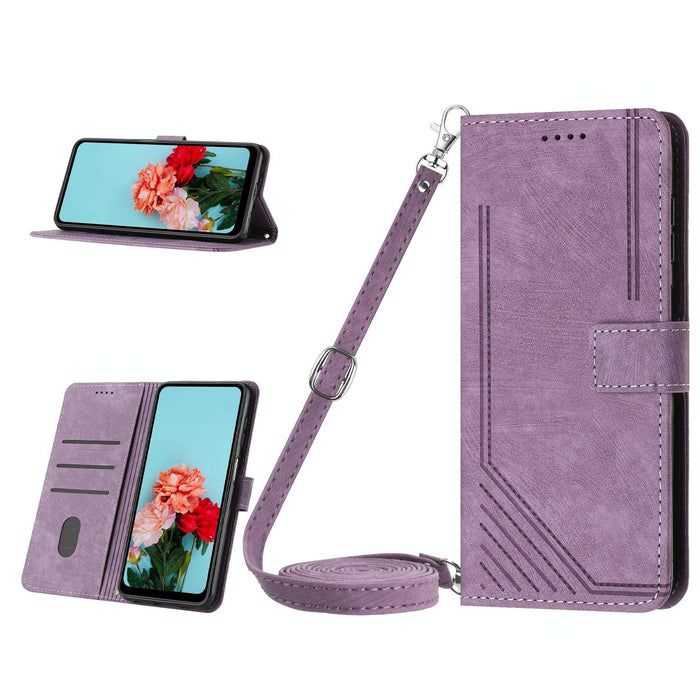 Skin Feel Stripe Pattern Leather Phone Case With Lanyard