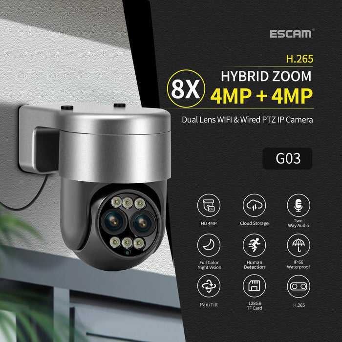 G03 2X4Mp Dual Lens Zoom 8X Dual Light Source Wifi Camera Support Two-Way Voice & Motion Detection