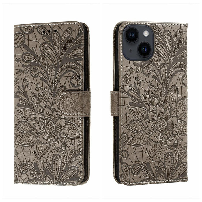 Lace Flower Embossing Flip Leather Phone Case For Iphone 15