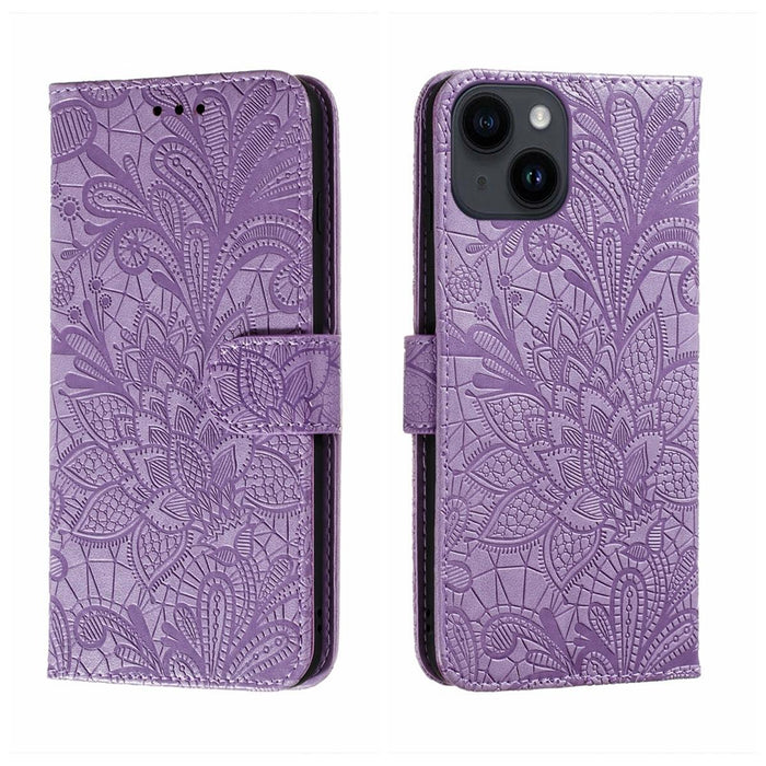 Lace Flower Embossing Flip Leather Phone Case For Iphone 15