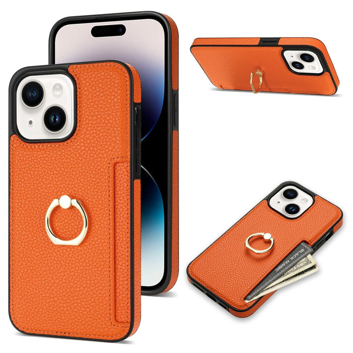 Ring Card Litchi Leather Back Phone Case For Iphone 15