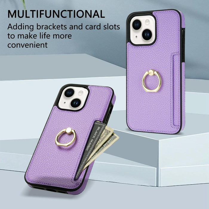 Ring Card Litchi Leather Back Phone Case For Iphone 15