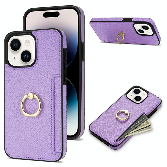 Ring Card Litchi Leather Back Phone Case For Iphone 15