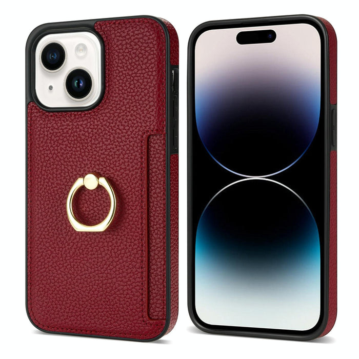 Ring Card Litchi Leather Back Phone Case For Iphone 15