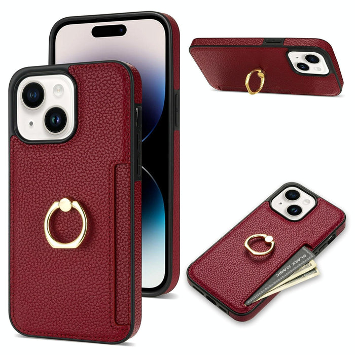 Ring Card Litchi Leather Back Phone Case For Iphone 15