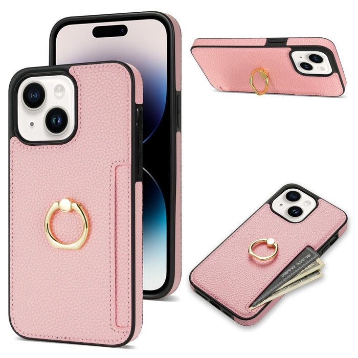 Ring Card Litchi Leather Back Phone Case For Iphone 15