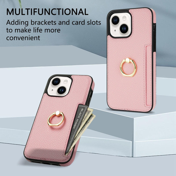 Ring Card Litchi Leather Back Phone Case For Iphone 15