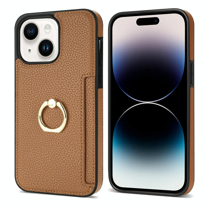 Ring Card Litchi Leather Back Phone Case For Iphone 15