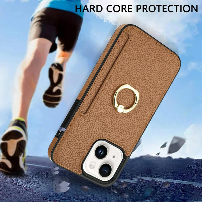 Ring Card Litchi Leather Back Phone Case For Iphone 15