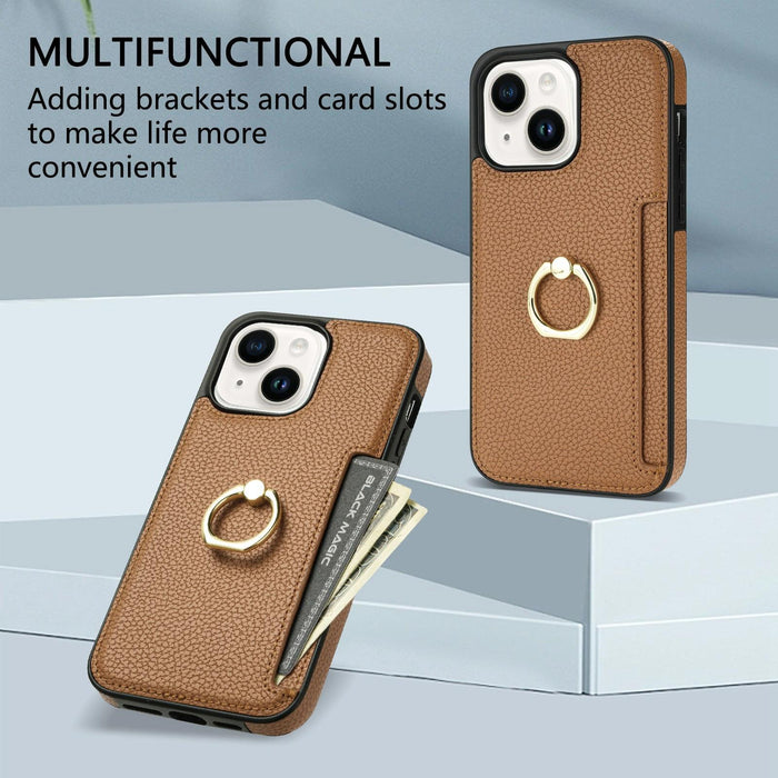 Ring Card Litchi Leather Back Phone Case For Iphone 15