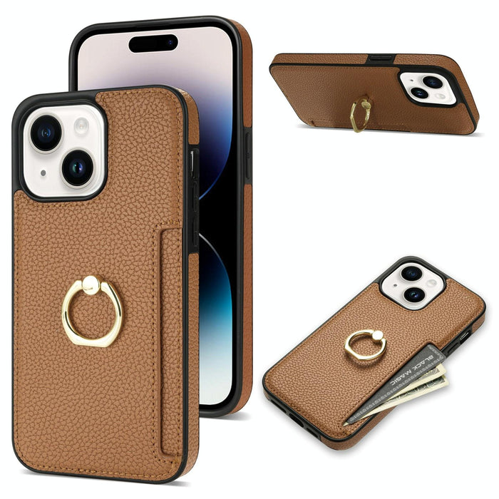 Ring Card Litchi Leather Back Phone Case For Iphone 15