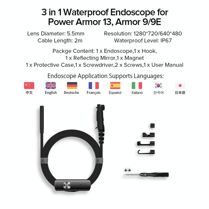 Ulefone Endoscope E1 Ip67 Waterproof 3 In 1 Endoscope For Ulefone Power Armor 21 / 19 / 18T / 16 Pro / 13 / Armor Pad Black