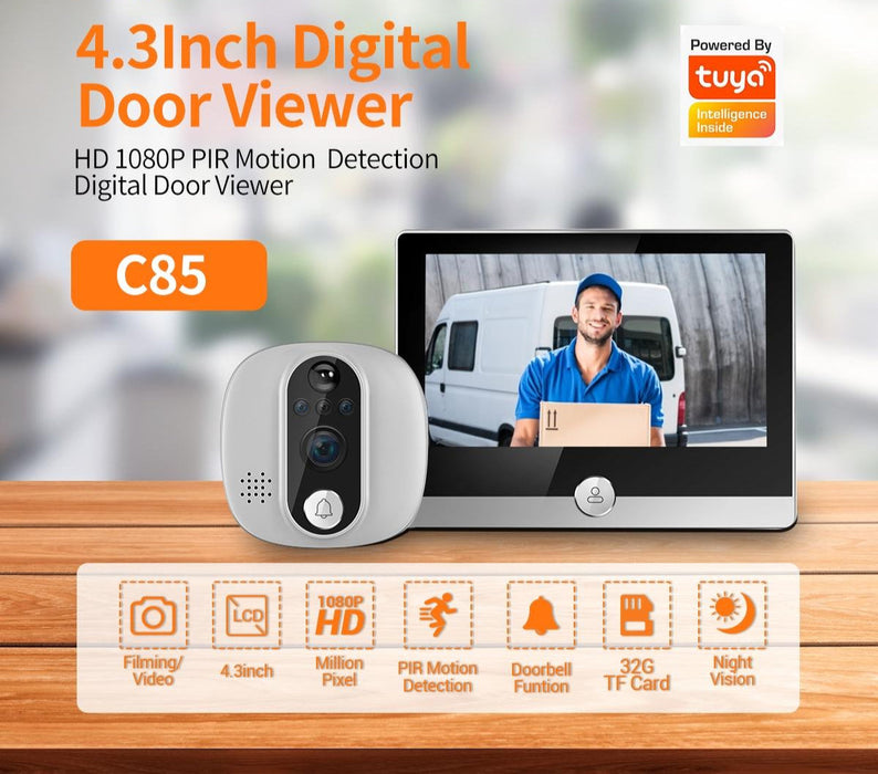 1080P 4.3 Inch Smart Wifi Digital Door Viewer Supports Wide-Angle Pir & Night Vision & Dingdong Photo White