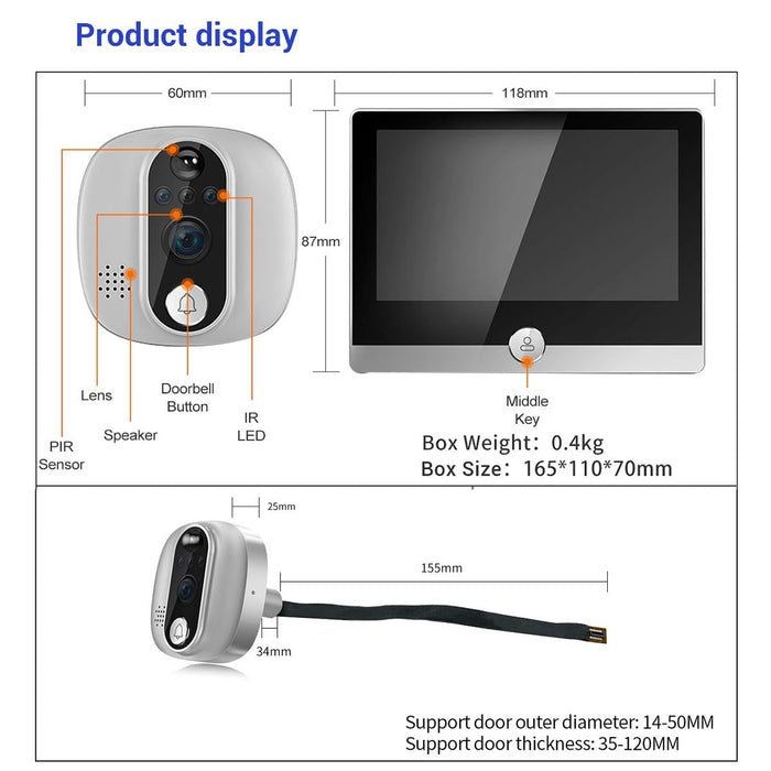 1080P 4.3 Inch Smart Wifi Digital Door Viewer Supports Wide-Angle Pir & Night Vision & Dingdong Photo White