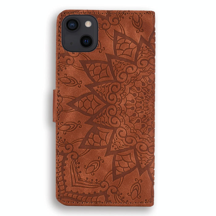 Mandala Embossed Dual Fold Calf Leather Phone Case