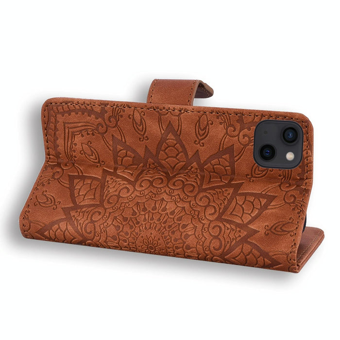 Mandala Embossed Dual Fold Calf Leather Phone Case