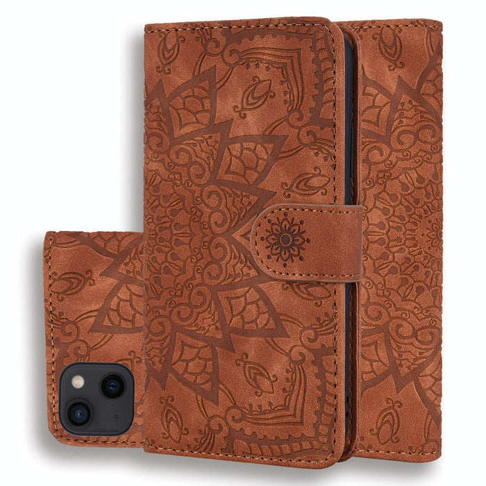 Mandala Embossed Dual Fold Calf Leather Phone Case