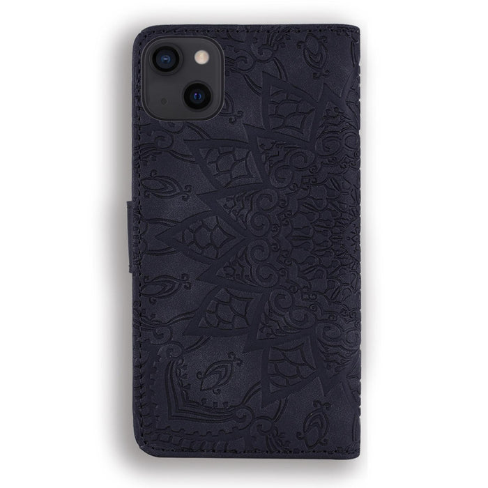 Mandala Embossed Dual Fold Calf Leather Phone Case