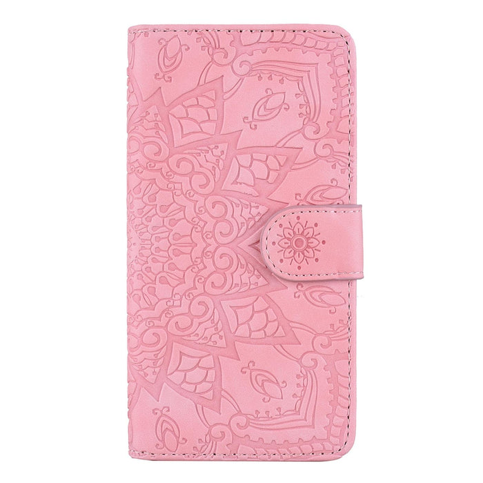 Mandala Embossed Dual Fold Calf Leather Phone Case